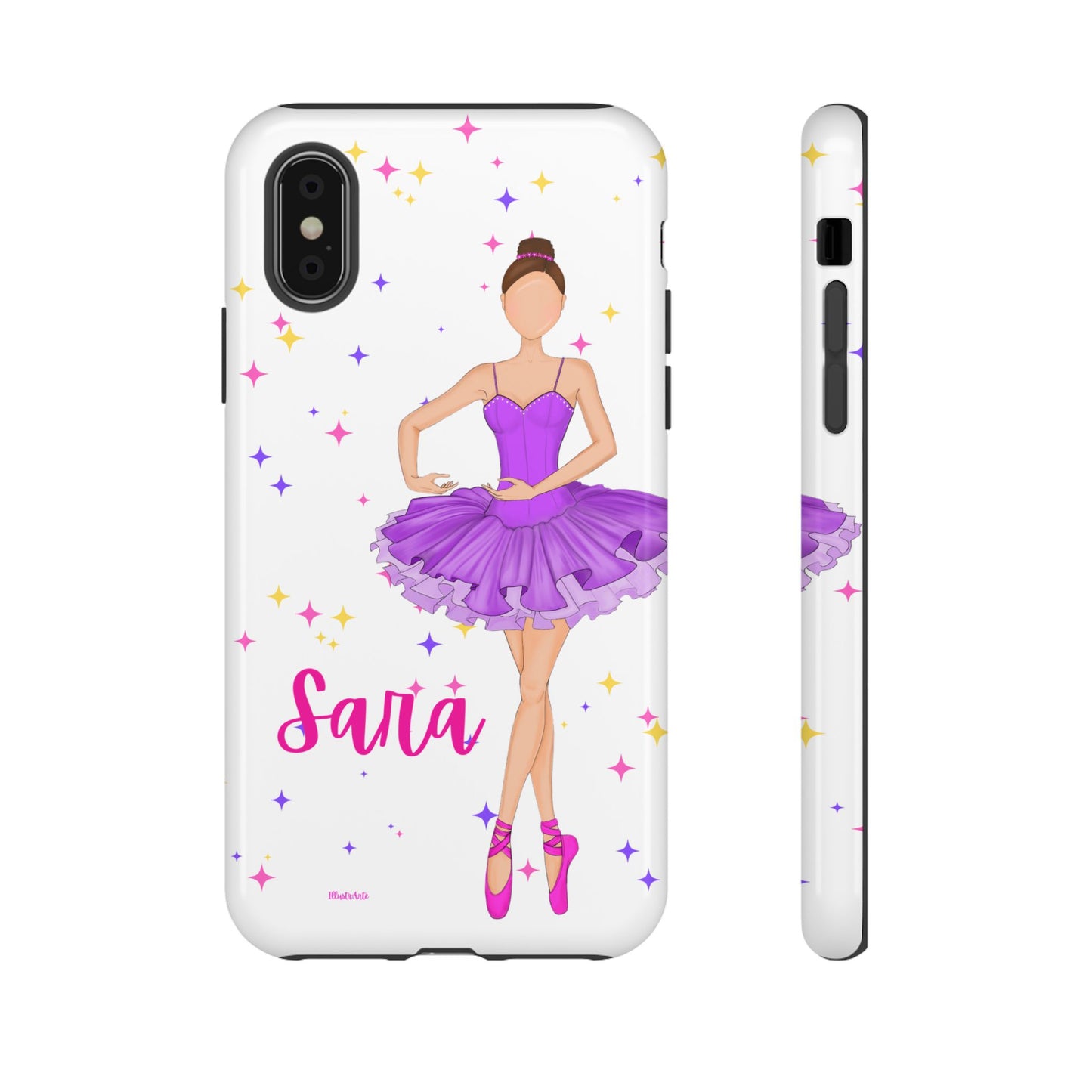 una funda de teléfono con una bailarina púrpura en ella