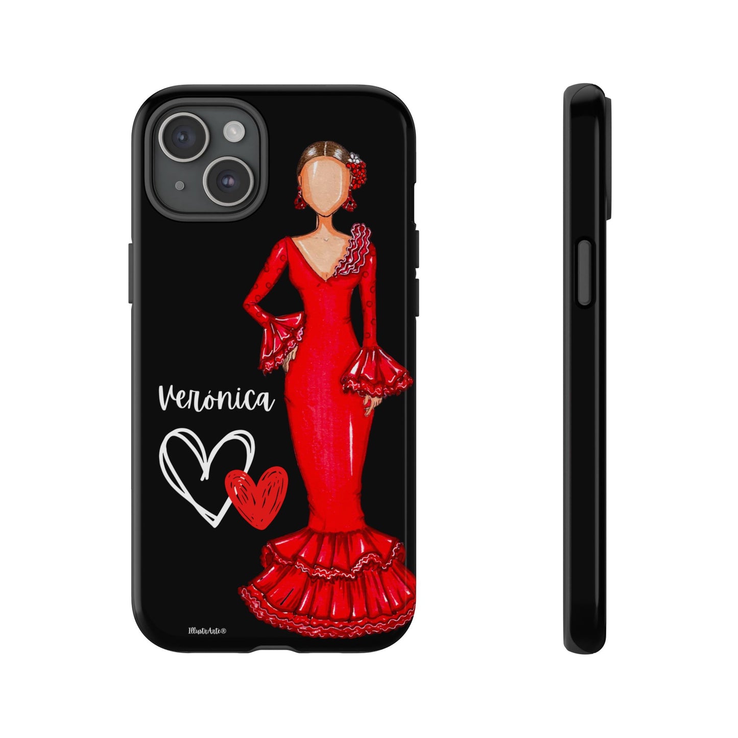 una funda de teléfono con una imagen de una mujer con un vestido rojo