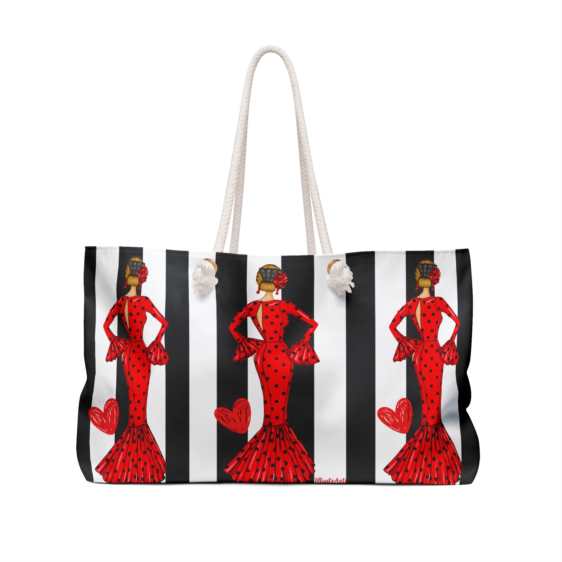 a handbag with a picture of a woman in a red dress