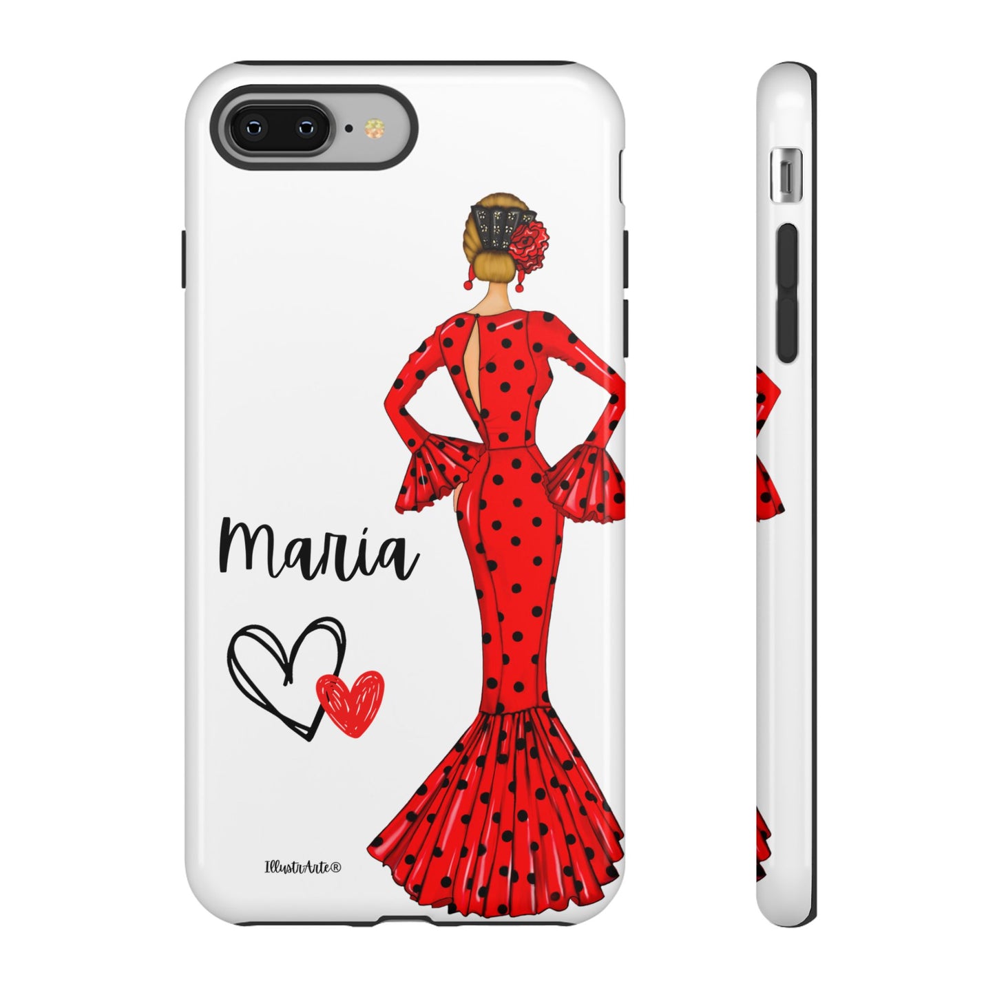 una funda de teléfono con una mujer en un vestido rojo