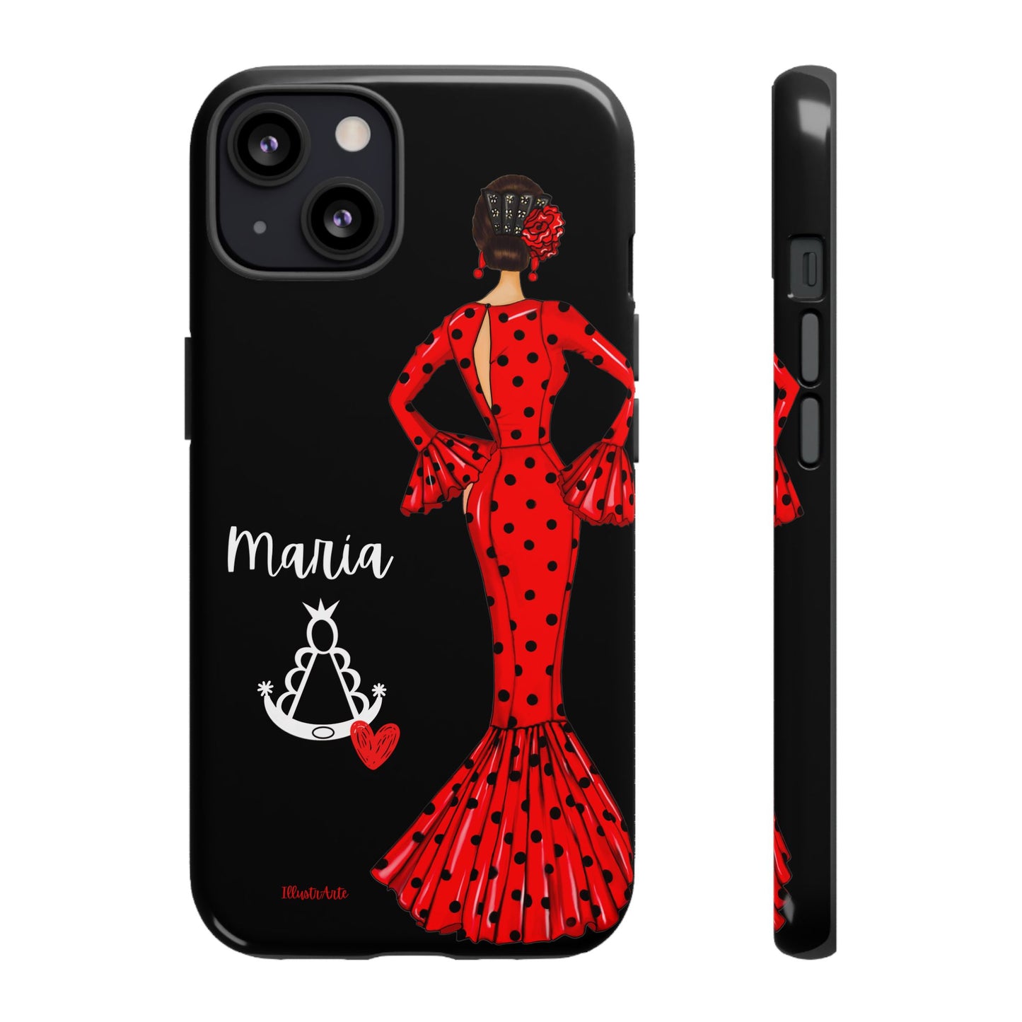 una funda de teléfono con una mujer en un vestido rojo