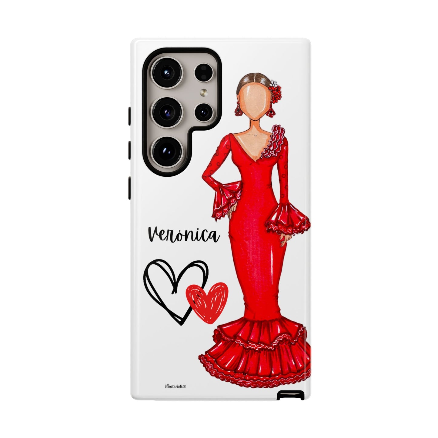 una funda de teléfono con un dibujo de una mujer en un vestido rojo