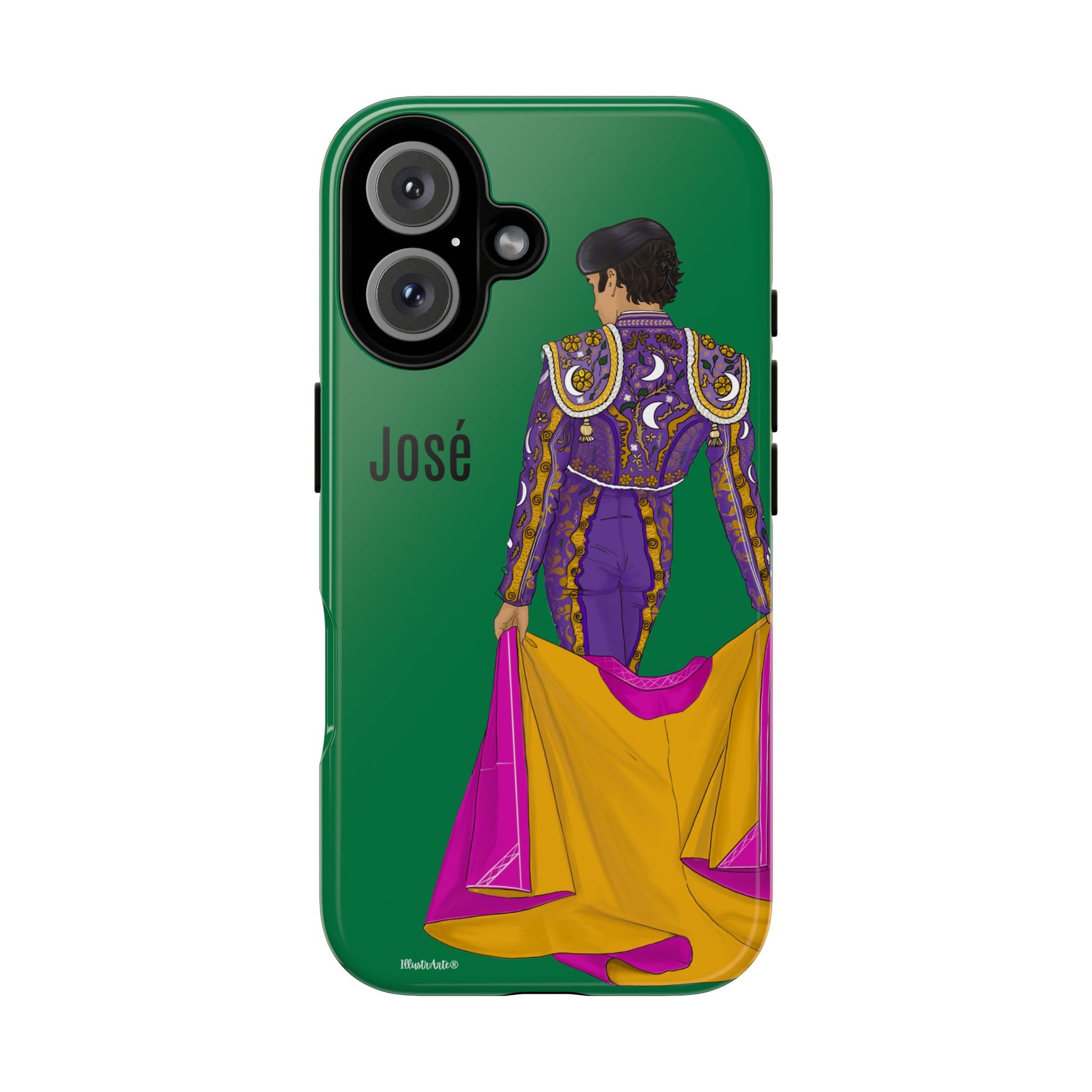 una funda de teléfono con una imagen de un hombre en un atuendo púrpura y amarillo