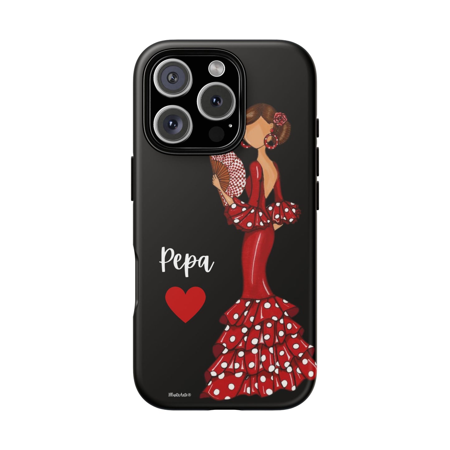 una funda de teléfono con una mujer en un vestido rojo