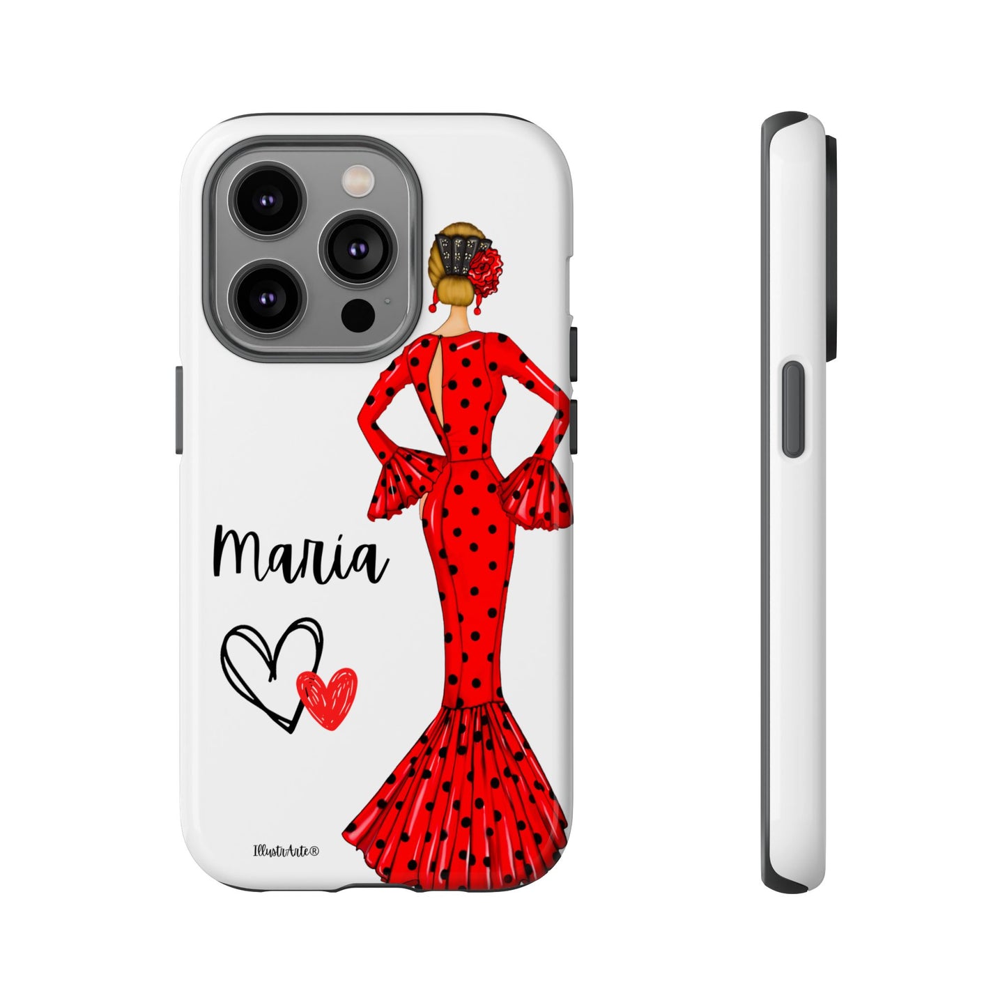 una funda de teléfono con una mujer en un vestido rojo