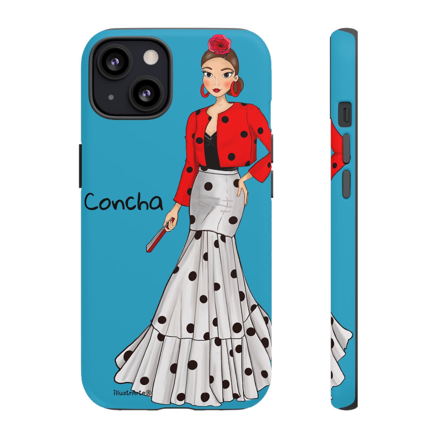 Funda de teléfono personalizable con nombre y Virgen - Modelo Conchita fondo azul, decorada con detalles artísticos.