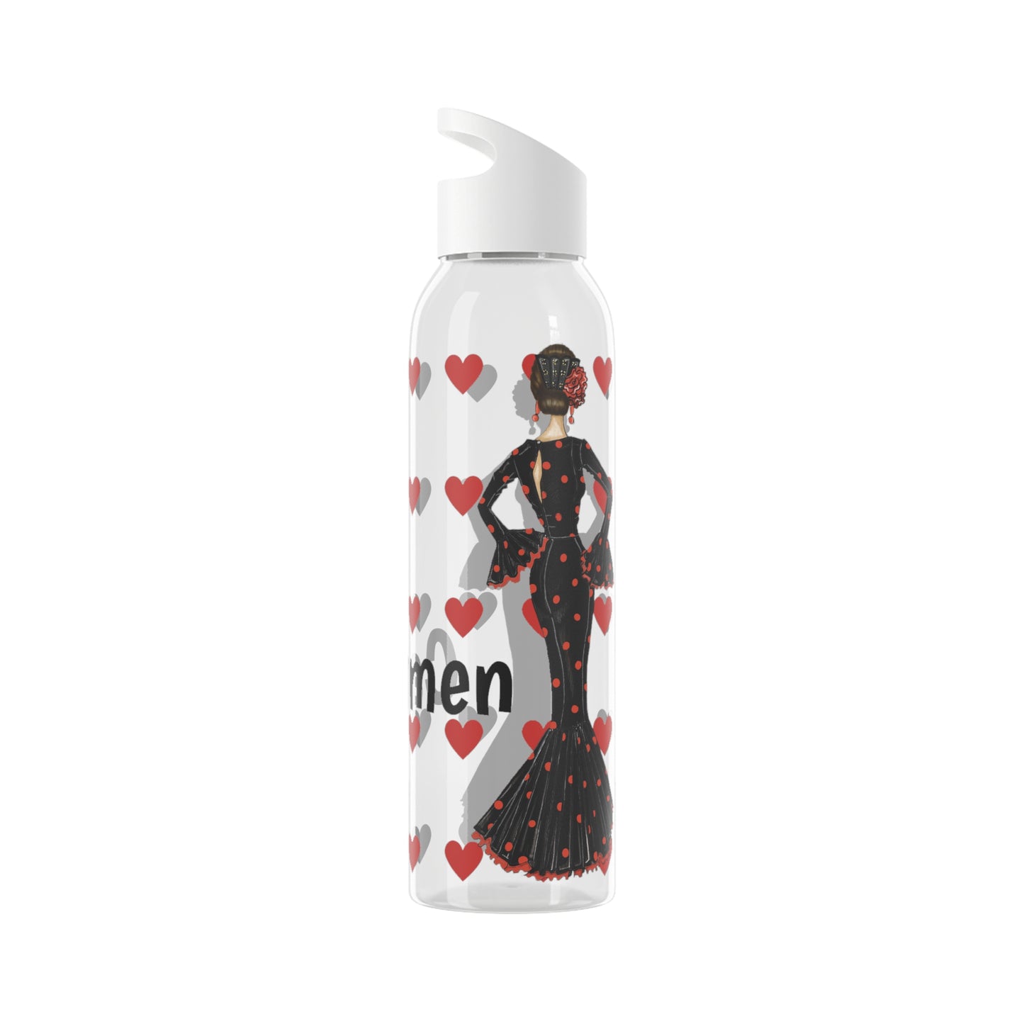 Flamenco Dancer 22 Oz/650ml Eastman Tritan™ Single wall bottle, black dress with red hearts design. - IllustrArte