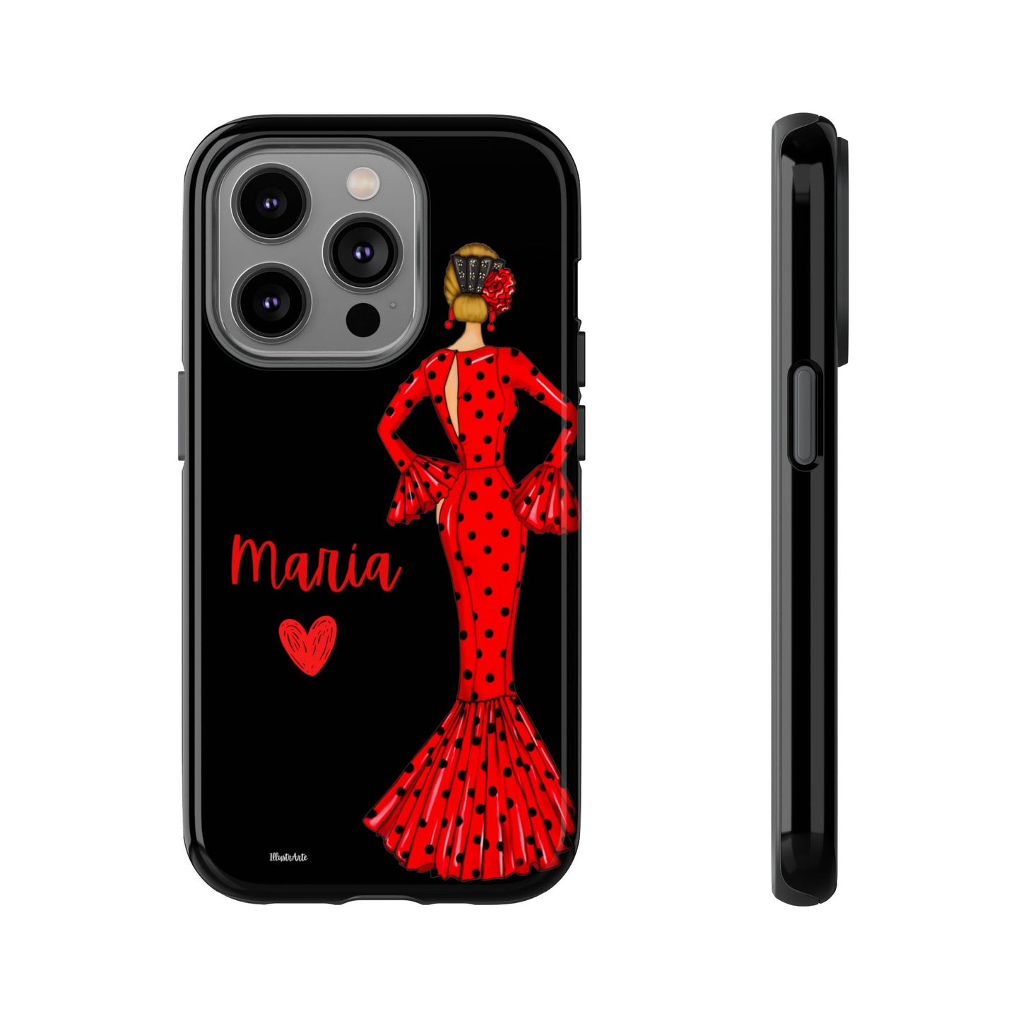 una funda de teléfono con una mujer en un vestido rojo