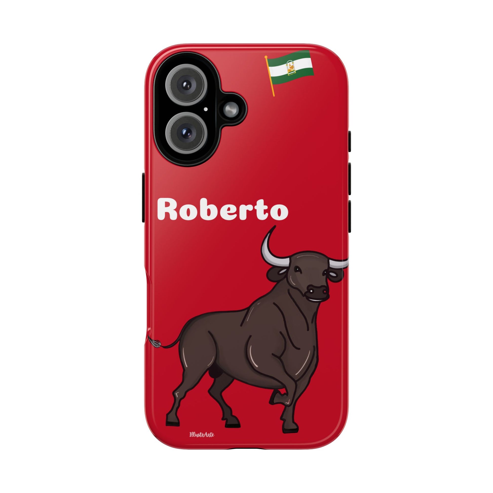 una funda de teléfono roja con un toro en ella