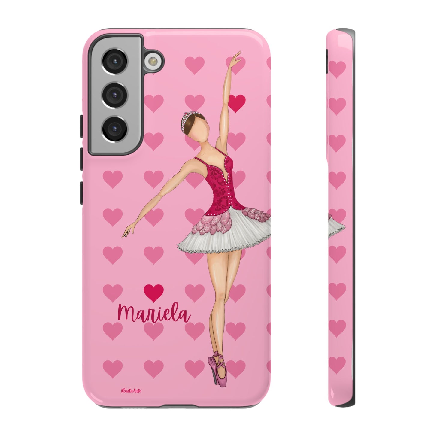 una funda de teléfono rosa con una bailarina en ella