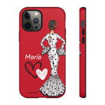 Personalised phone case flamenco dancer María Blanco, red background, with hearts for iPhone 12 Pro, gloss finish – illustrArte