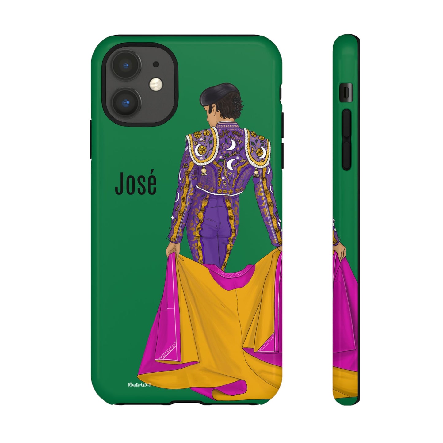 una funda de teléfono verde con una imagen de un hombre en un atuendo púrpura y amarillo