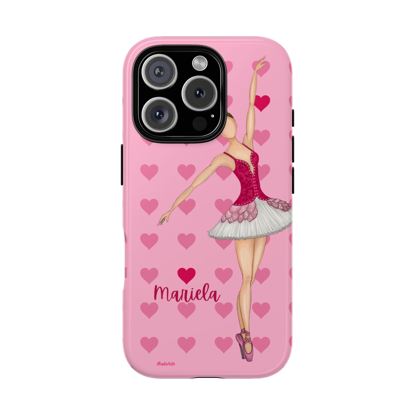 una funda de teléfono rosa con una imagen de una bailarina