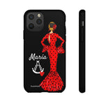 Personalised phone case flamenco dancer María, red dress, with a little Virgin Mary for iPhone 11 Pro, gloss finish – illustrArte