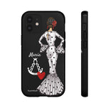 Personalised phone case flamenco dancer María Blanco, with the Virgen del Rocío for iPhone 12 Mini, gloss finish – illustrArte