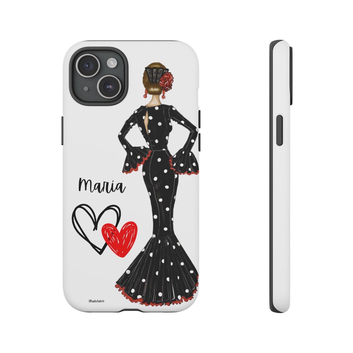 una funda para teléfono con una mujer en un vestido