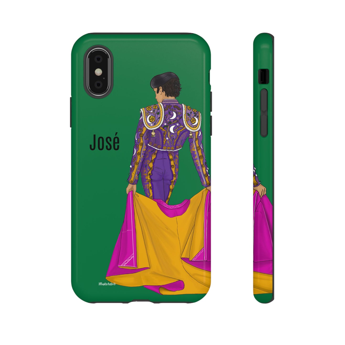 una funda de teléfono verde con una imagen de una mujer en un atuendo púrpura y amarillo