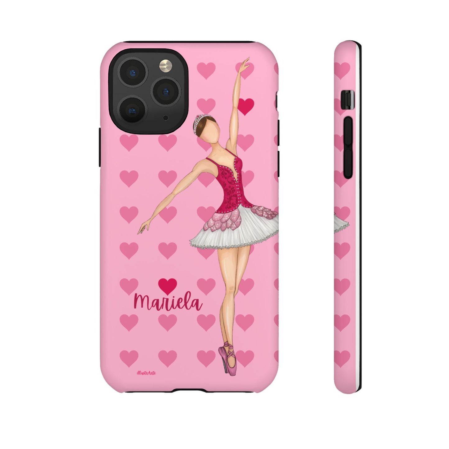 una funda de teléfono rosa con una bailarina en ella