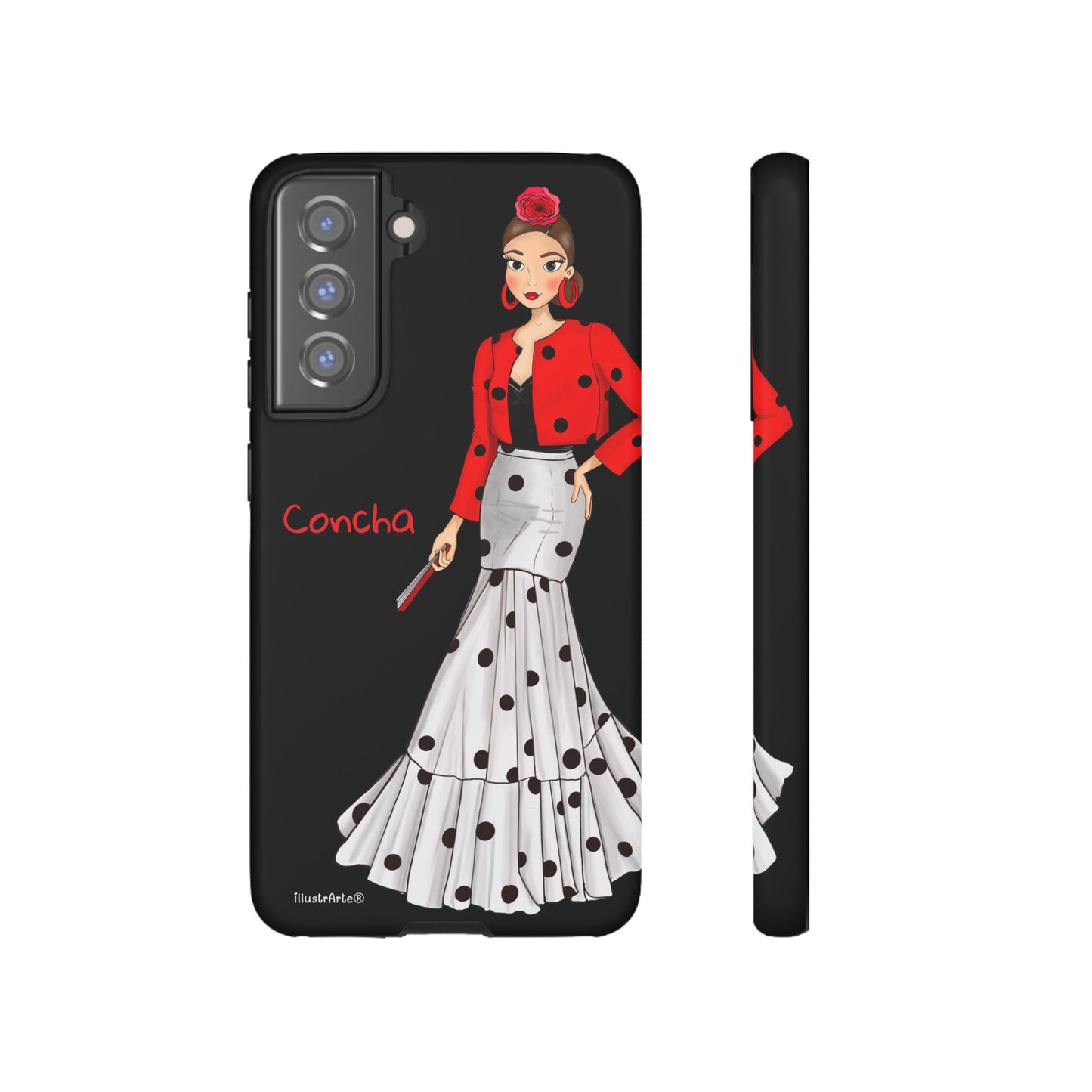 imagen de la funda personalizable Modelo Conchita en fondo negro.