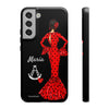 Funda de teléfono personalizable María rojo pelo oscuro fondo negro – para iPhone, Samsung, Pixel