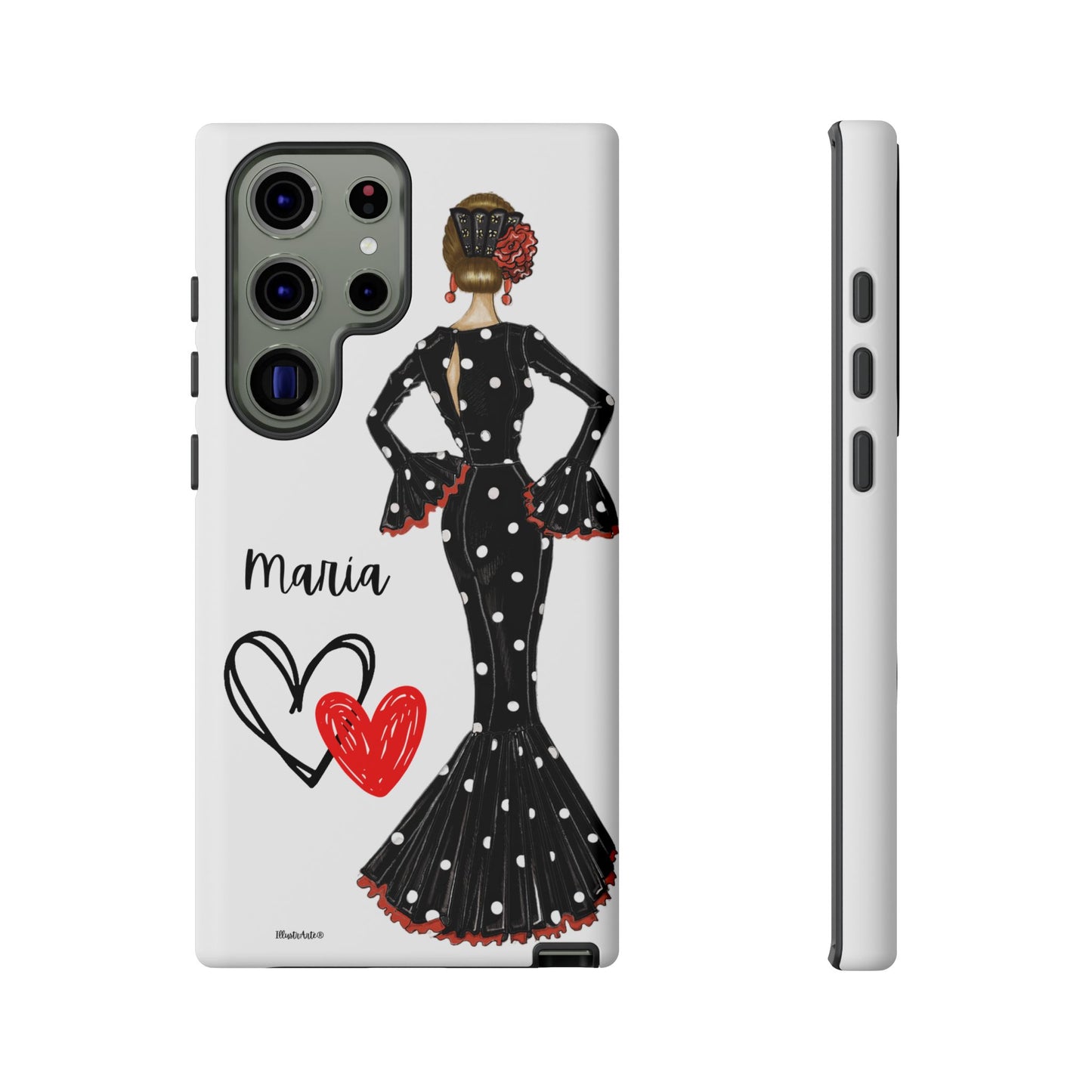 una funda para teléfono con una mujer en un vestido