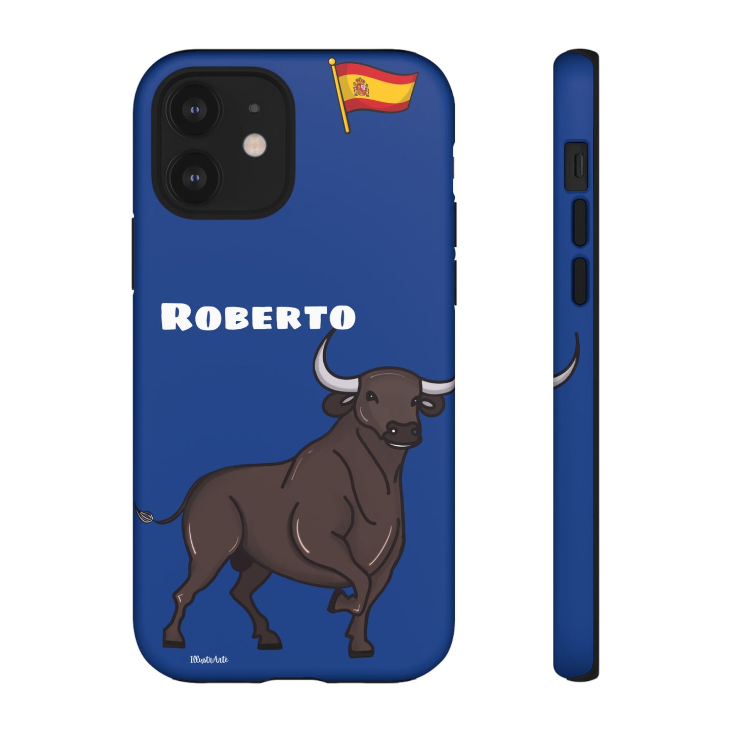 una funda de teléfono azul con un toro en ella