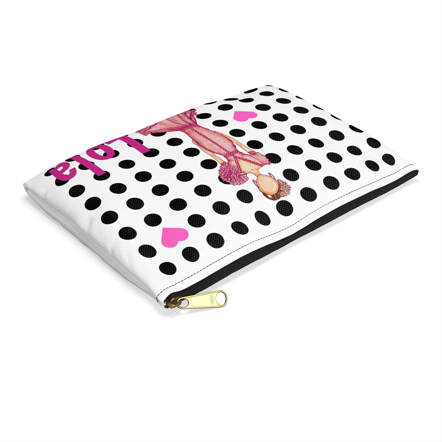 Flamenco Dancer Customizable Washbag, pink dress and pink hearts on a black polka dot design. - IllustrArte