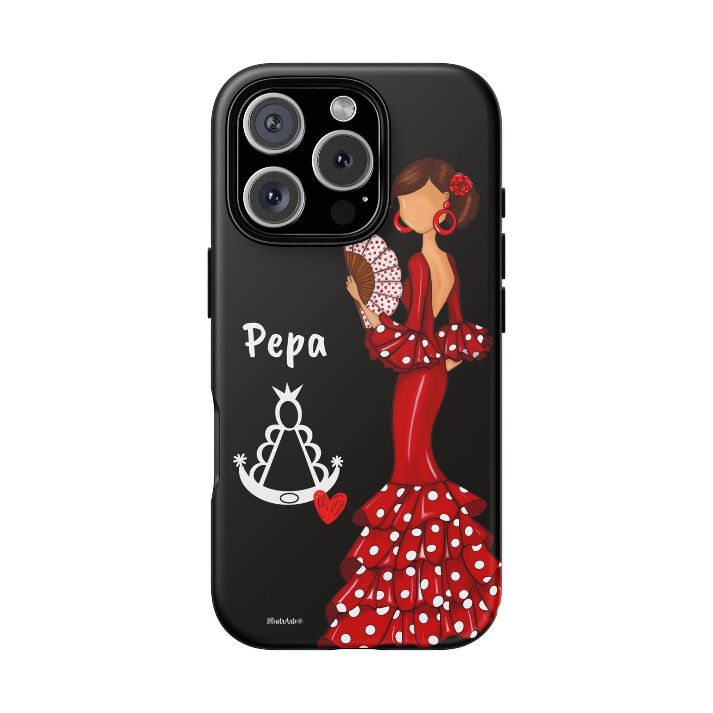Personalized Pepa phone case on a black background with the Virgin Mary – for iPhone, Samsung, Pixel