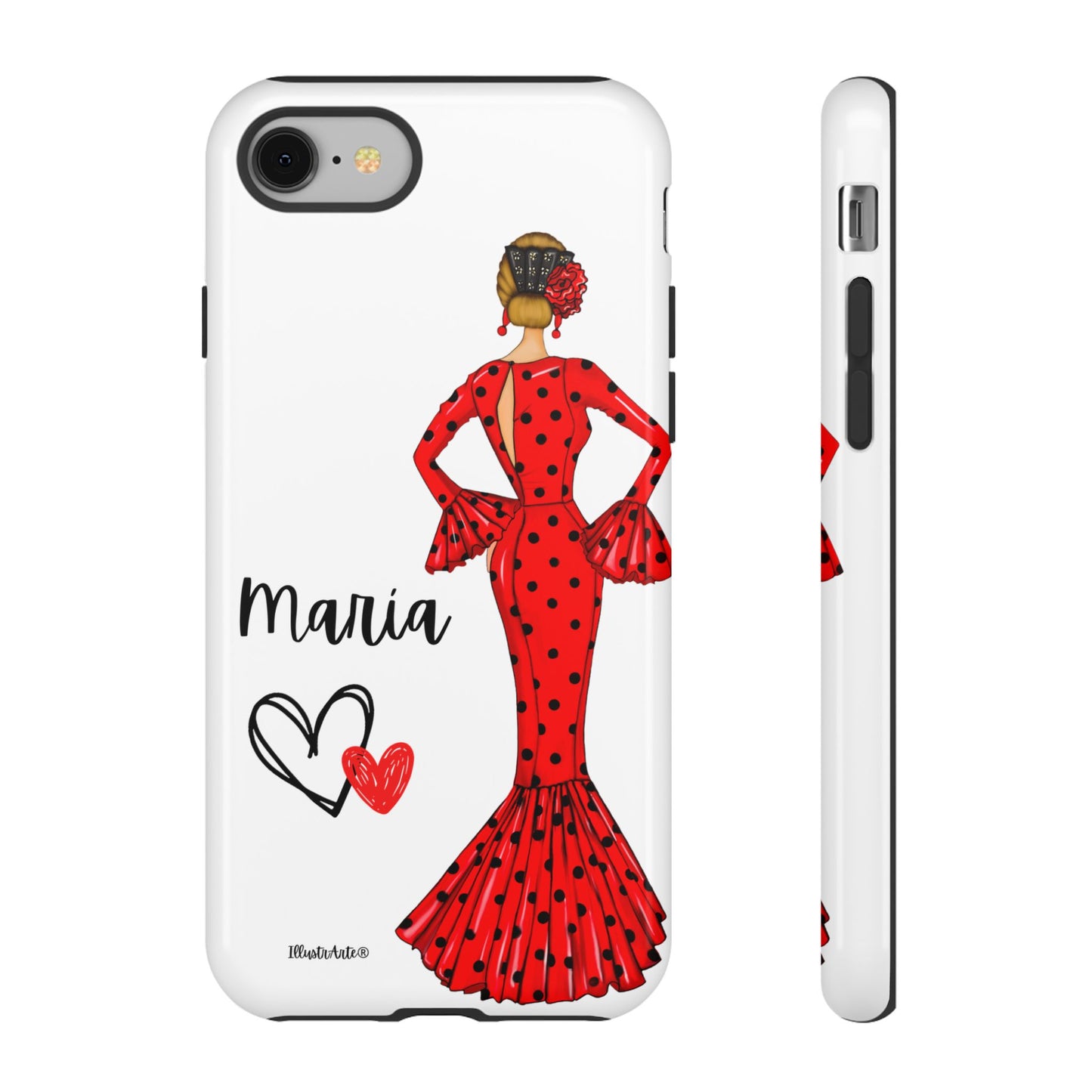 una funda de teléfono con una mujer en un vestido rojo