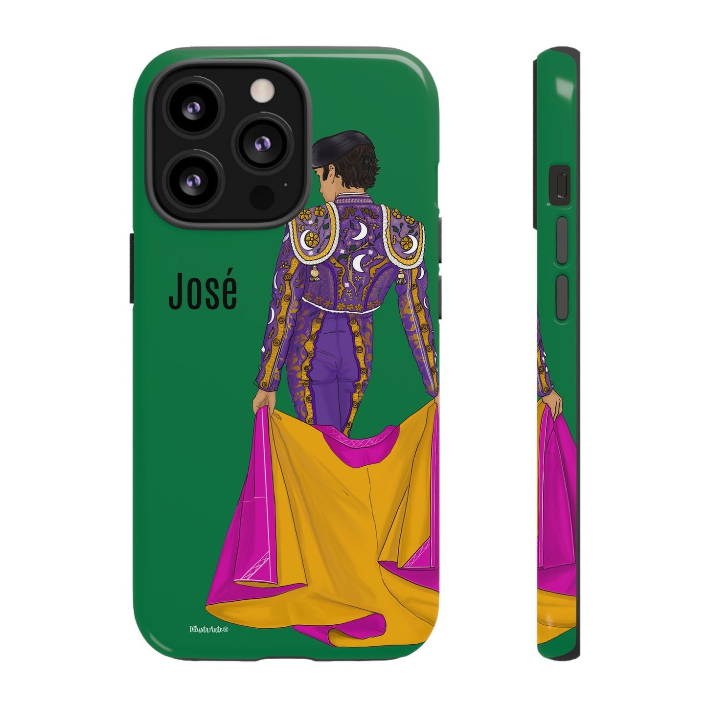 una funda de teléfono verde con una imagen de una mujer en un vestido púrpura y amarillo