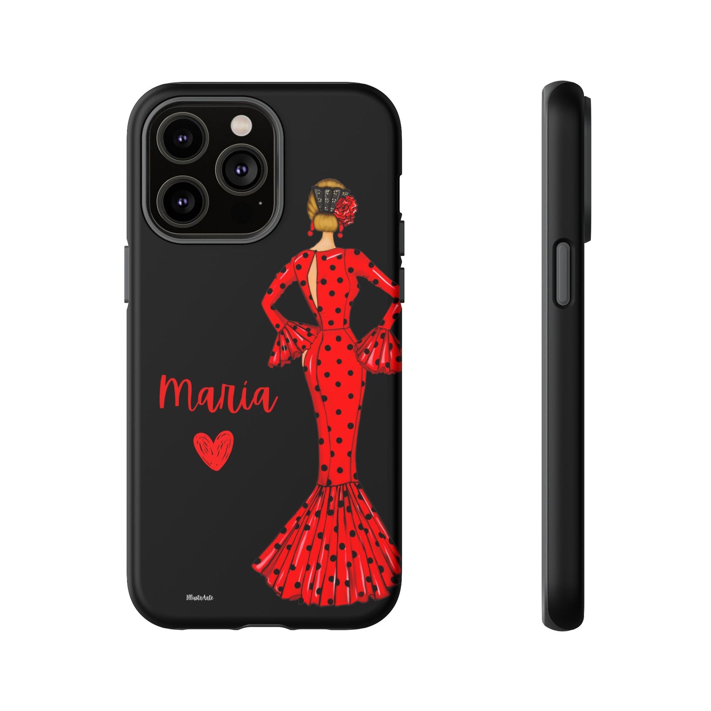 una funda de teléfono con una mujer en un vestido rojo