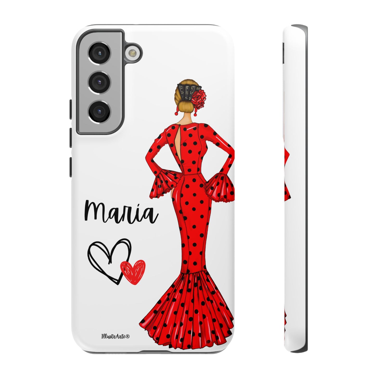 una funda de teléfono con una mujer en un vestido rojo