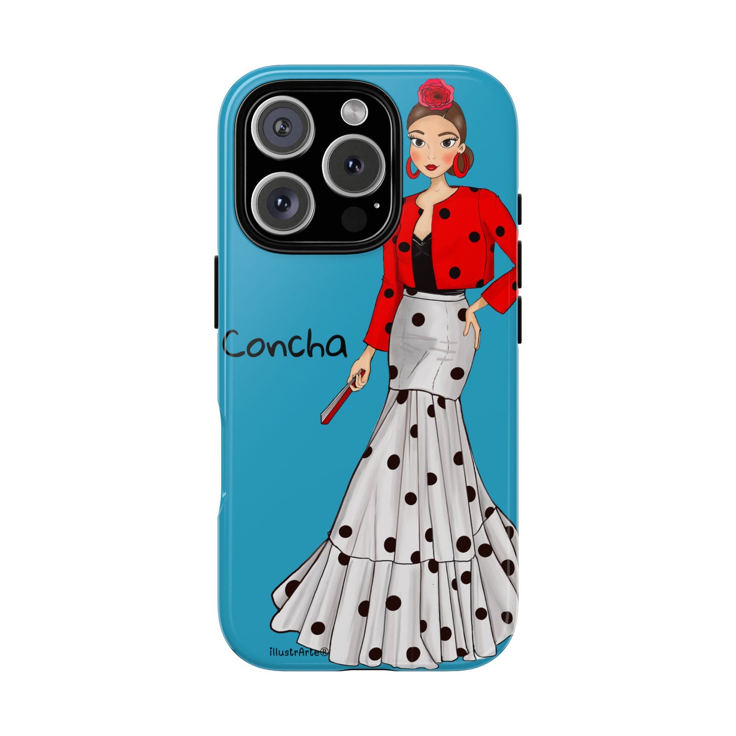 Colorido y personalizable, la funda de teléfono Modelo Conchita fondo azul es una ventana a tu creatividad.