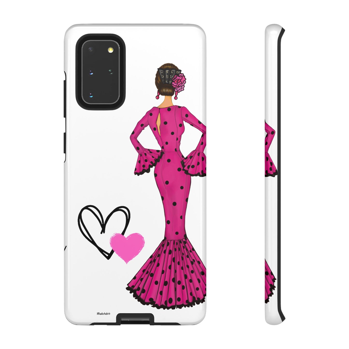 una funda de teléfono con una mujer en un vestido rosa