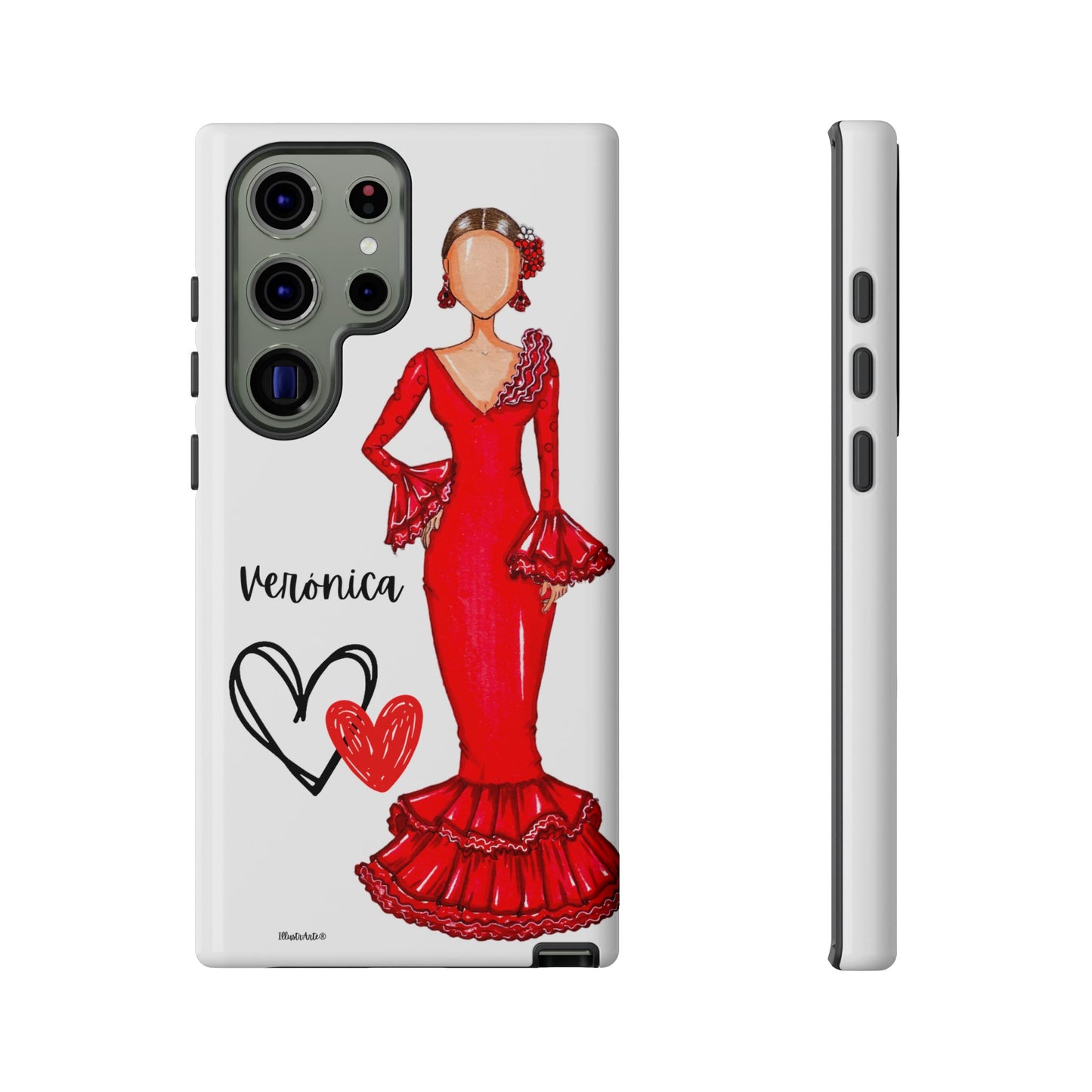 una funda de teléfono con un dibujo de una mujer en un vestido rojo