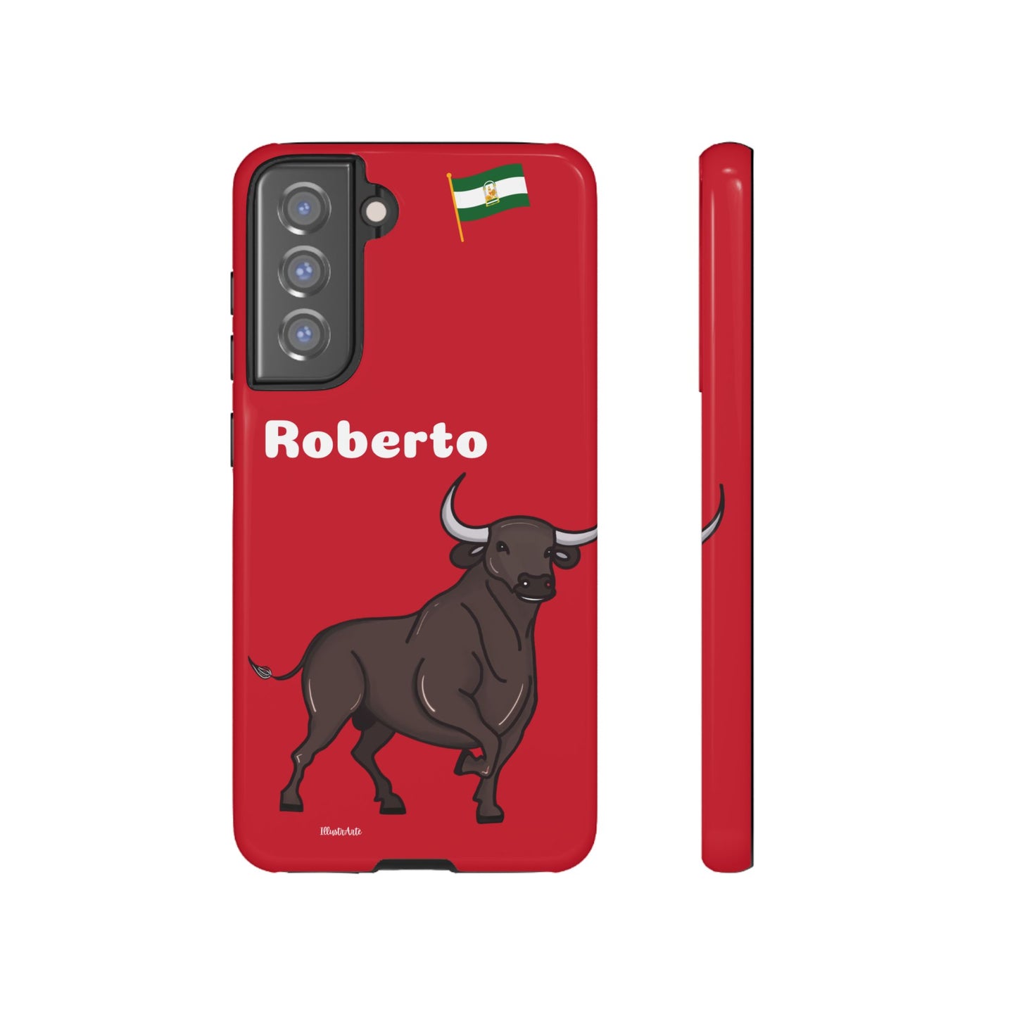 una funda de teléfono roja con un toro en ella