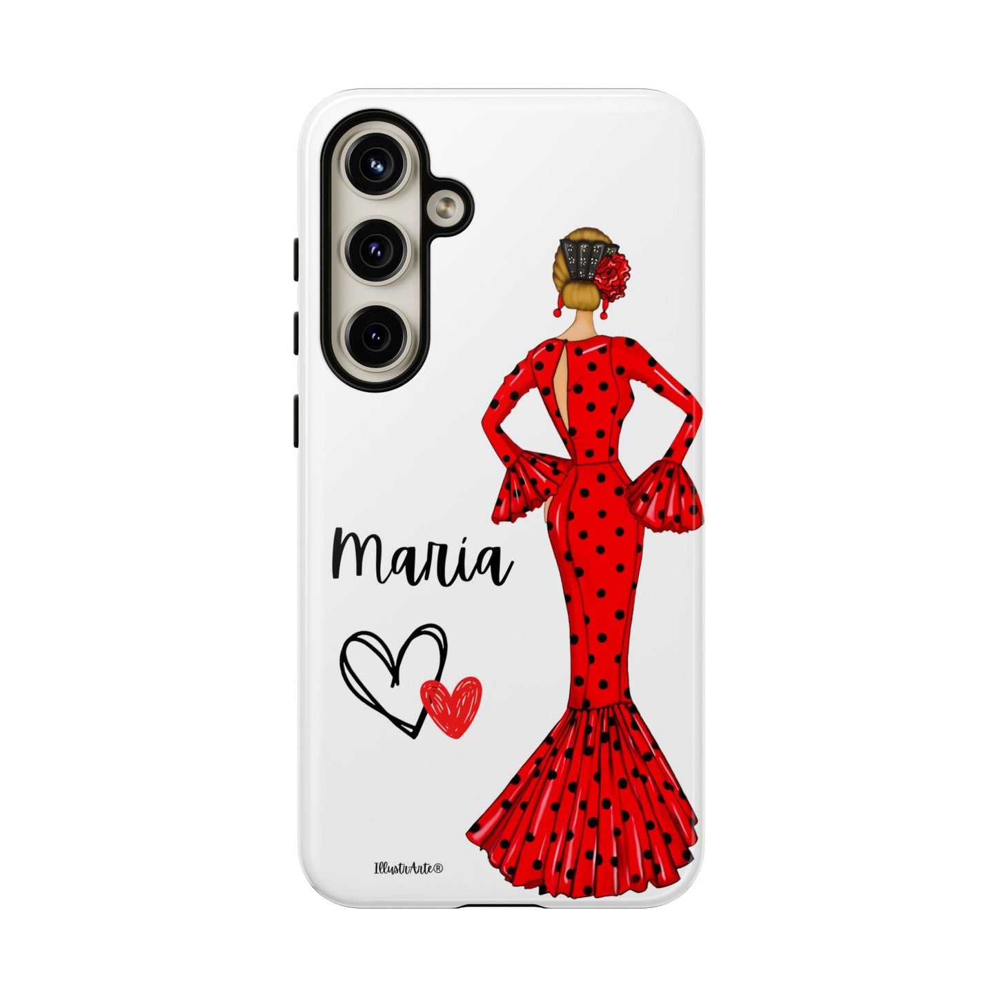 una funda blanca con una mujer en un vestido rojo