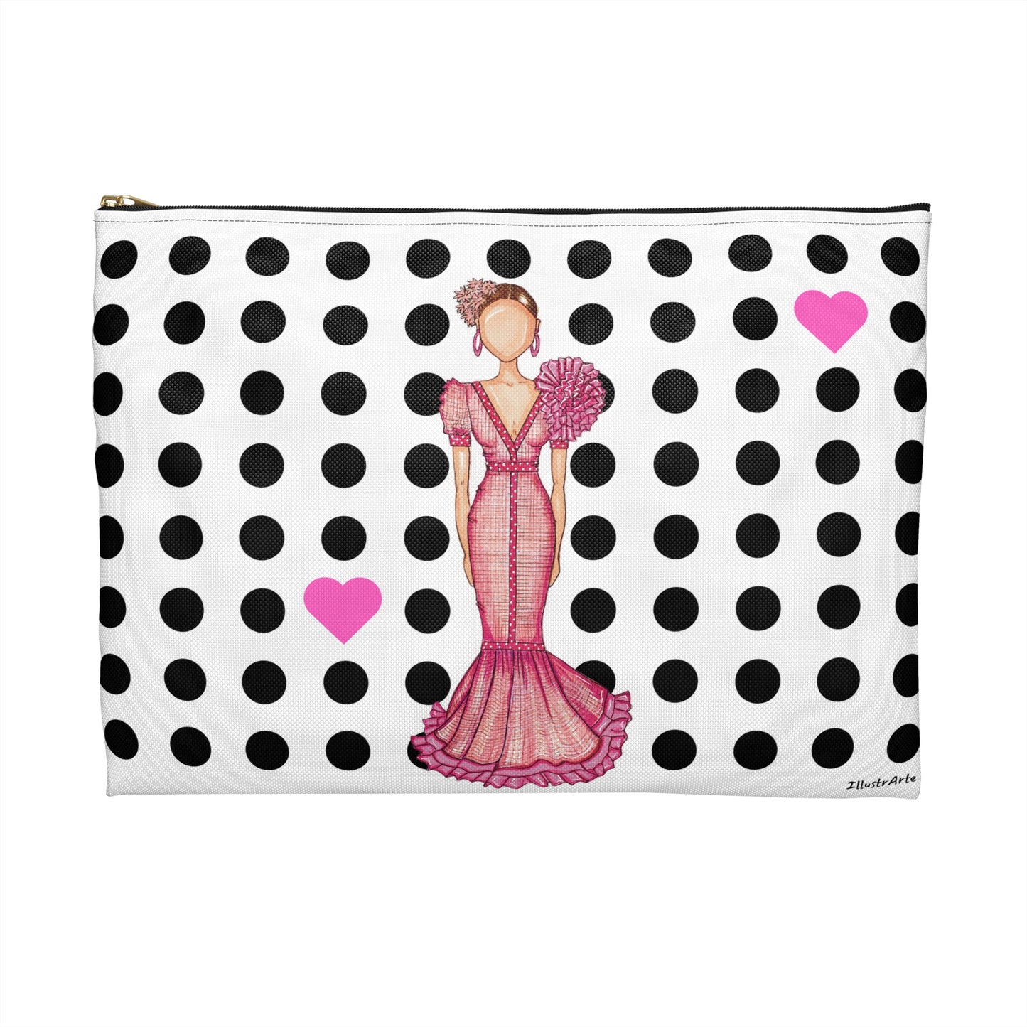 Flamenco Dancer Customizable Washbag, pink dress and pink hearts on a black polka dot design. - IllustrArte