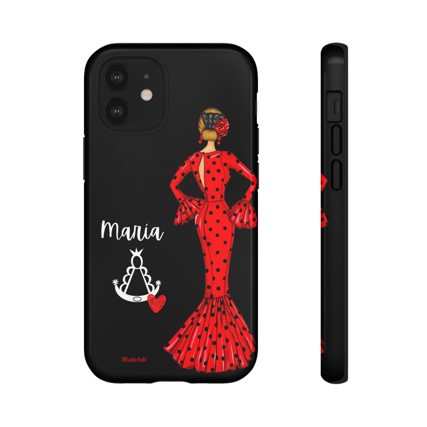 una funda de teléfono con una mujer en un vestido rojo