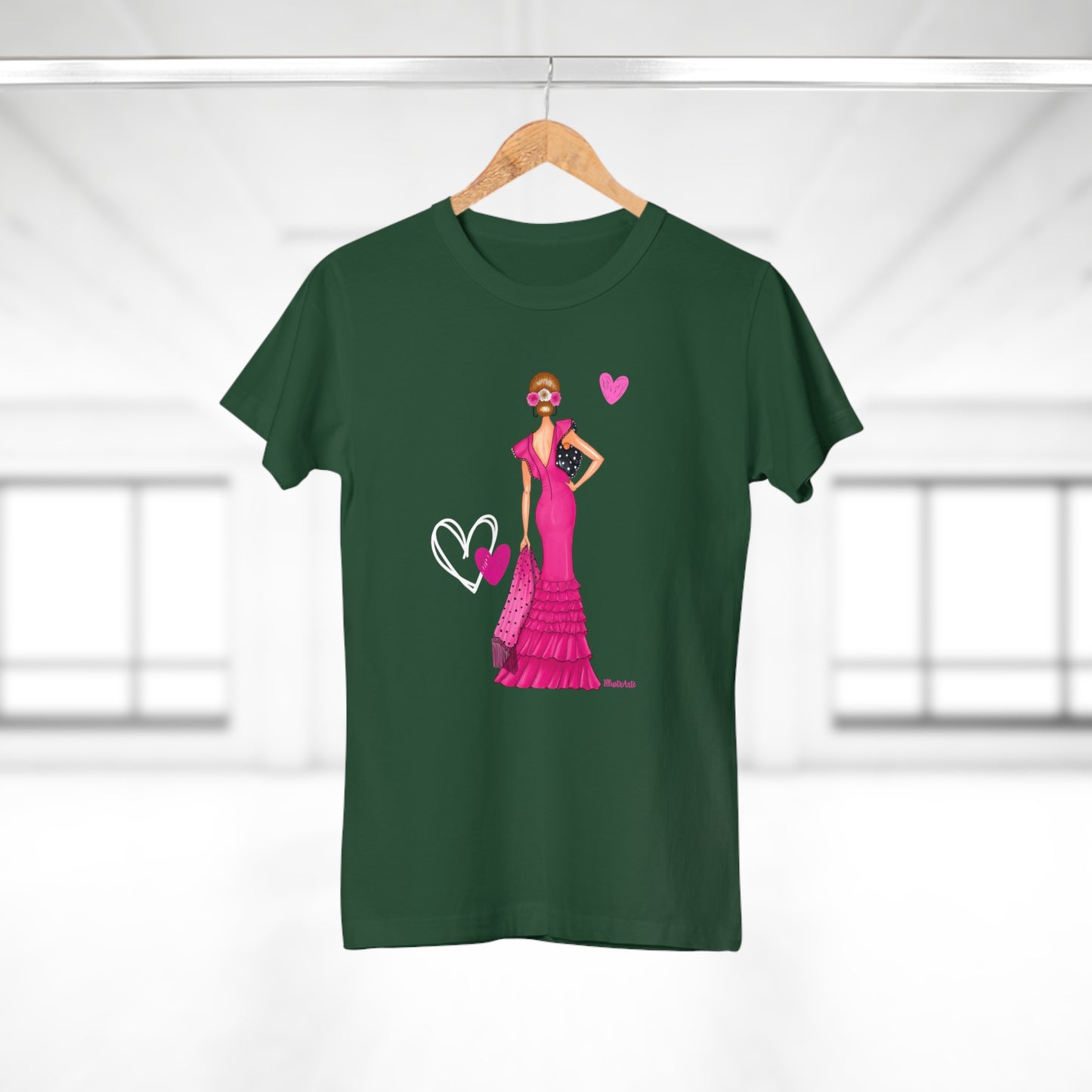 a green t - shirt with a woman in a pink dress