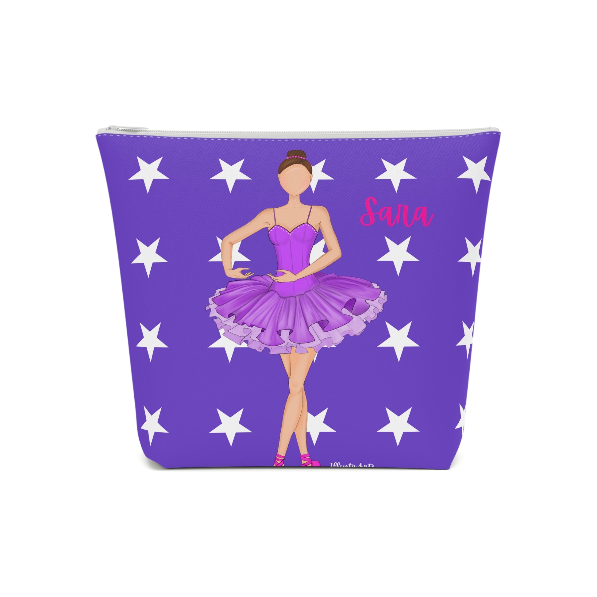 una bolsa morada con una imagen de una bailarina en ella