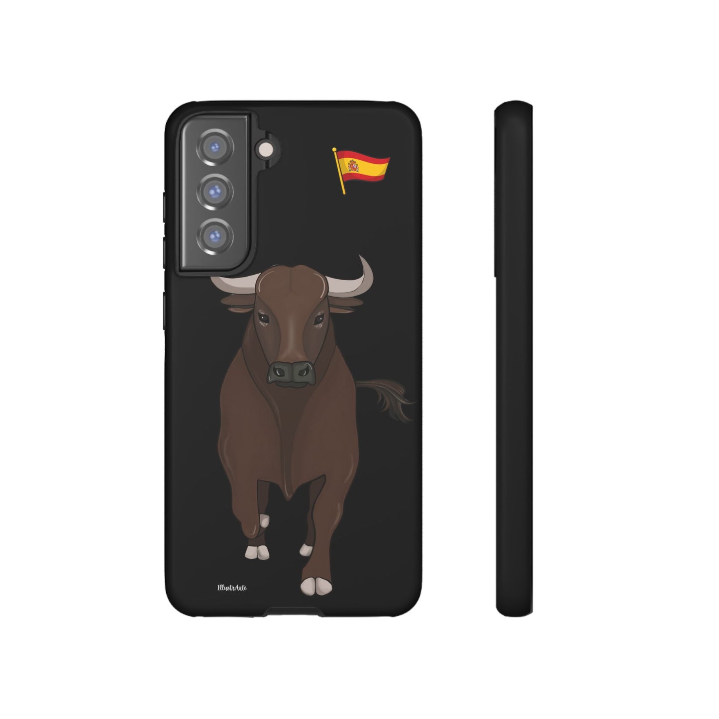 Funda de teléfono presentada sobre fondo claro, mostrando el diseño exclusivo toro Manuel.