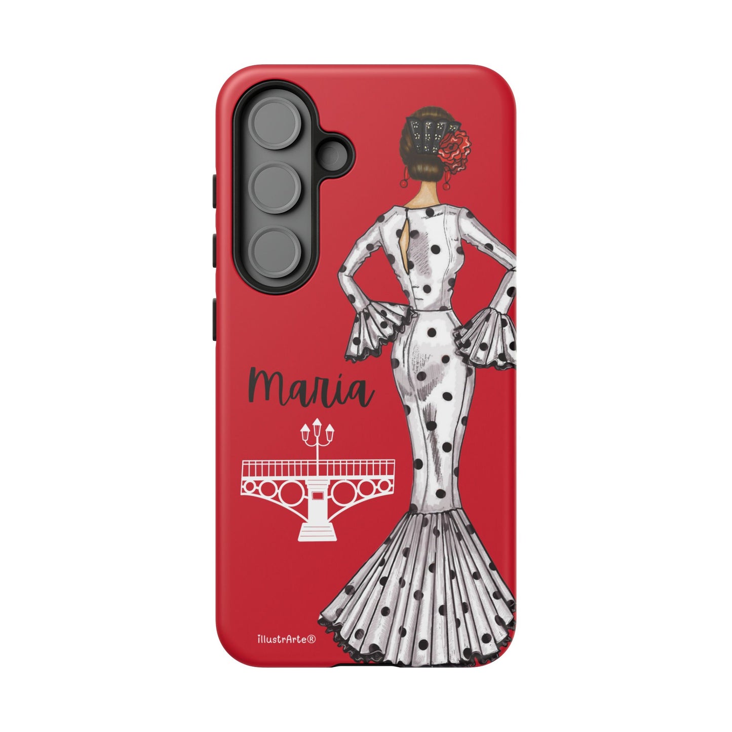 Fondo blanco con la funda de teléfono personalizada de flamenca María, ideal para iPhone y Google Pixel.