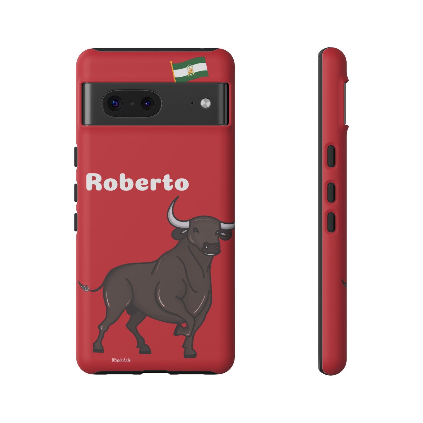 una funda de teléfono roja con un toro en ella