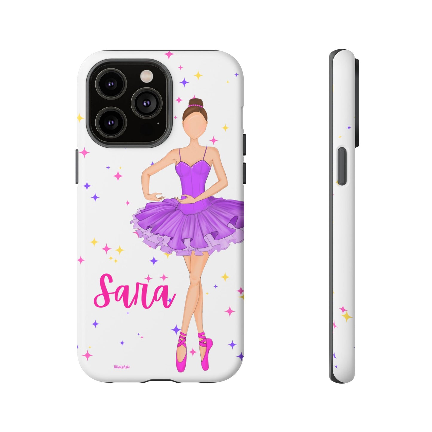 a white phone case with a purple ballerina on it