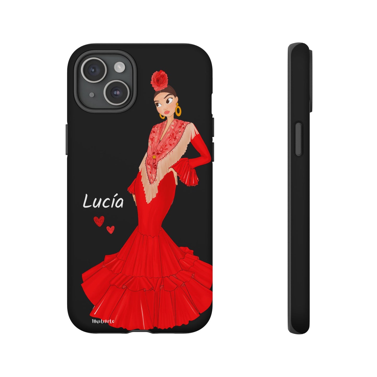 una funda de teléfono con una mujer en un vestido rojo