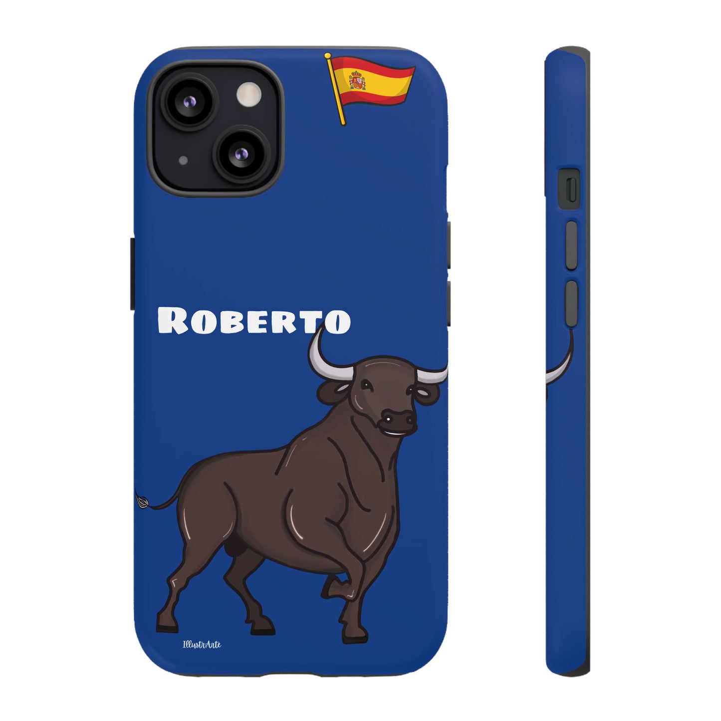 Funda de teléfono personalizable con nombre/bandera/Virgen - Modelo Toro Roberto, muestra su estilo atractivo en fotografía.