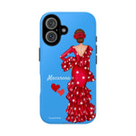 Personalised phone case flamenco dancer Macarena, blue background for iPhone 16, gloss finish – illustrArte