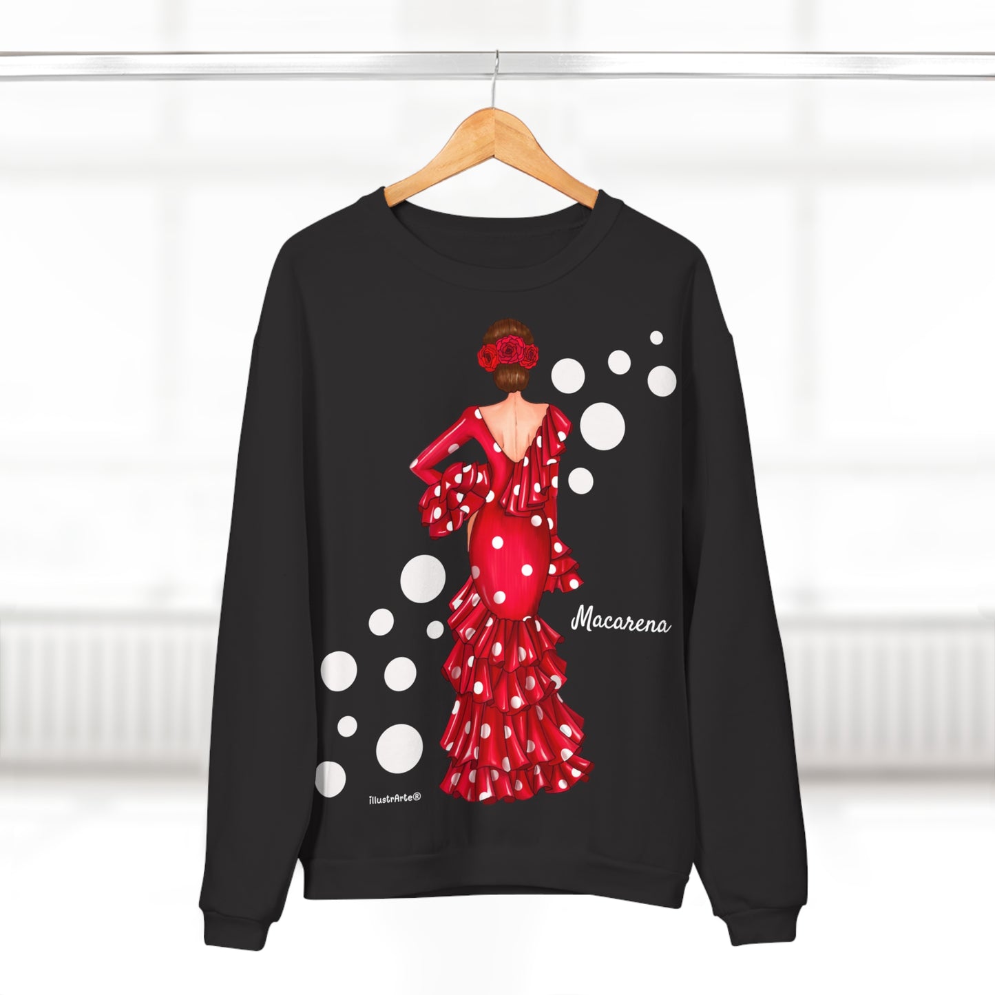Sudadera Personalizable  - Flamenca Macarena, fondo negro con lunares - Arte, color y comodidad en una sola prenda