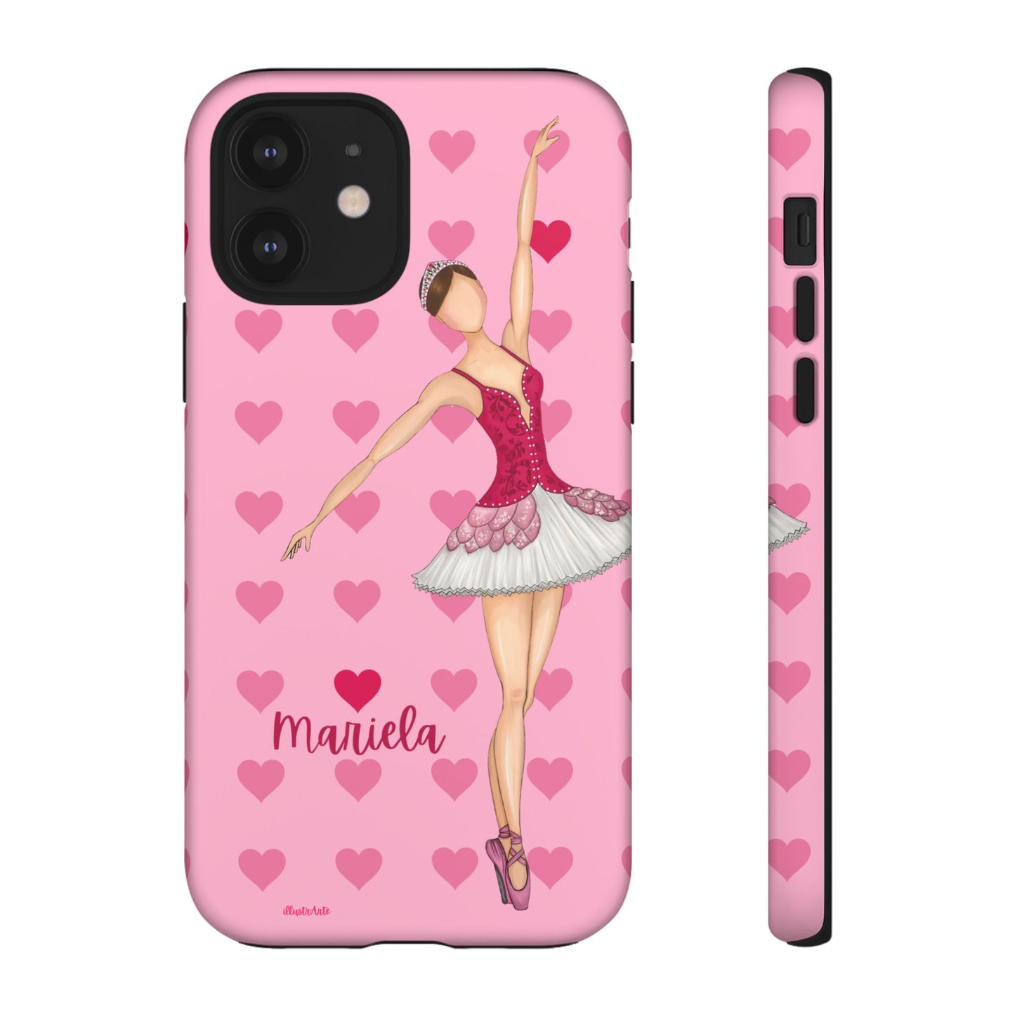 una funda de teléfono rosa con una bailarina en ella